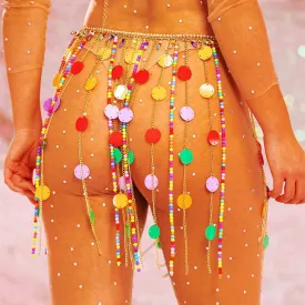 GRAEEN Rainbow Sequin Chain Skirt Sequins Tassel Chainmail Skirts Colorful Rave Festival Mini Skirt for Women