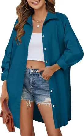 HOTOUCH Women Oversized Button Down Shirts Boyfriend Long Sleeve Blouse Collared Tops