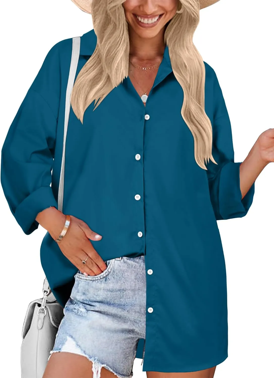 HOTOUCH Women Oversized Button Down Shirts Boyfriend Long Sleeve Blouse Collared Tops