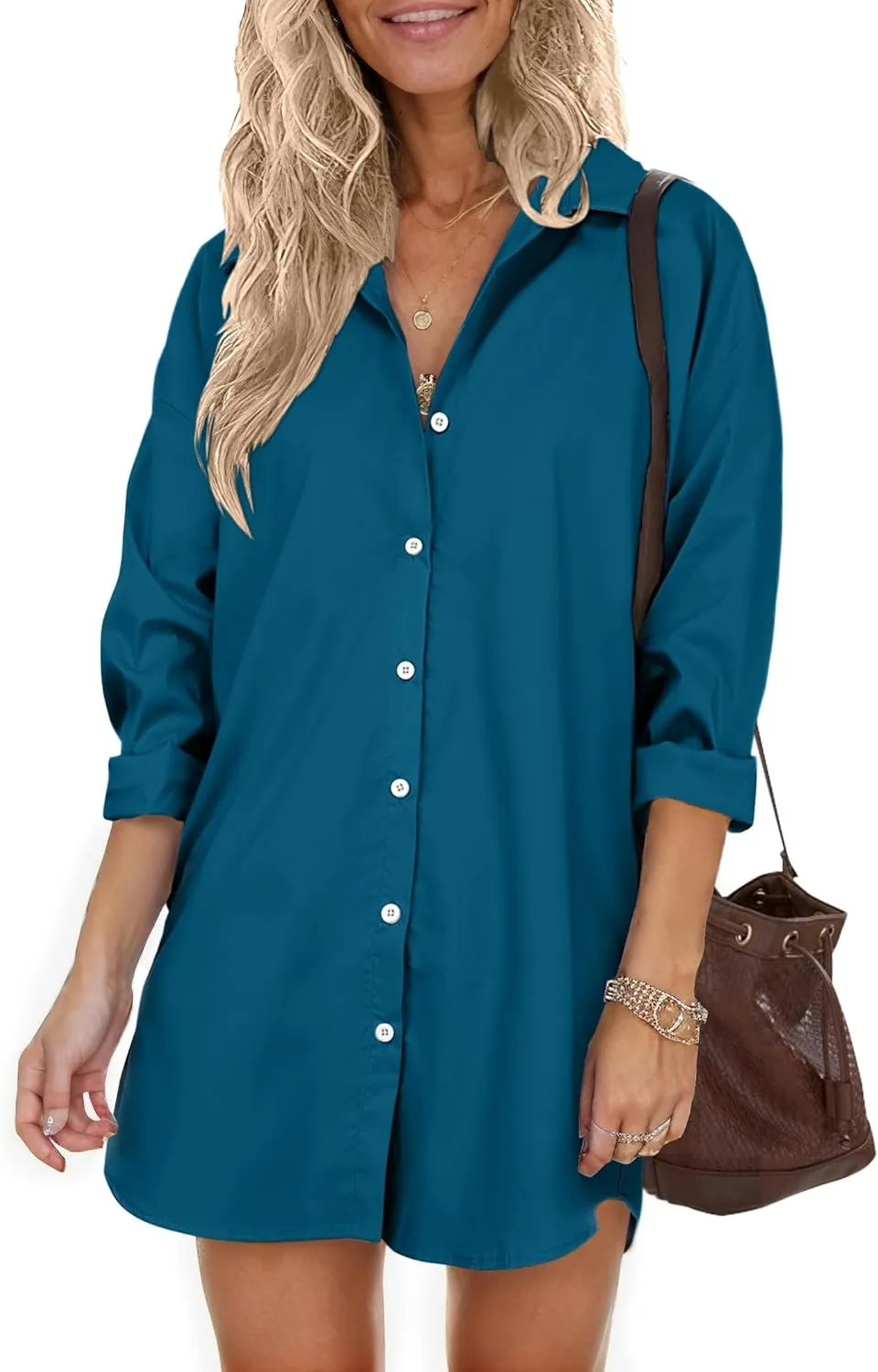 HOTOUCH Women Oversized Button Down Shirts Boyfriend Long Sleeve Blouse Collared Tops