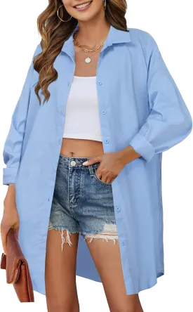 HOTOUCH Women Oversized Button Down Shirts Boyfriend Long Sleeve Blouse Collared Tops