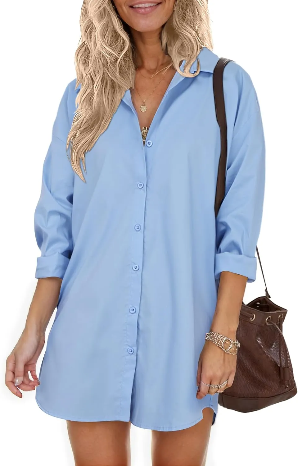 HOTOUCH Women Oversized Button Down Shirts Boyfriend Long Sleeve Blouse Collared Tops