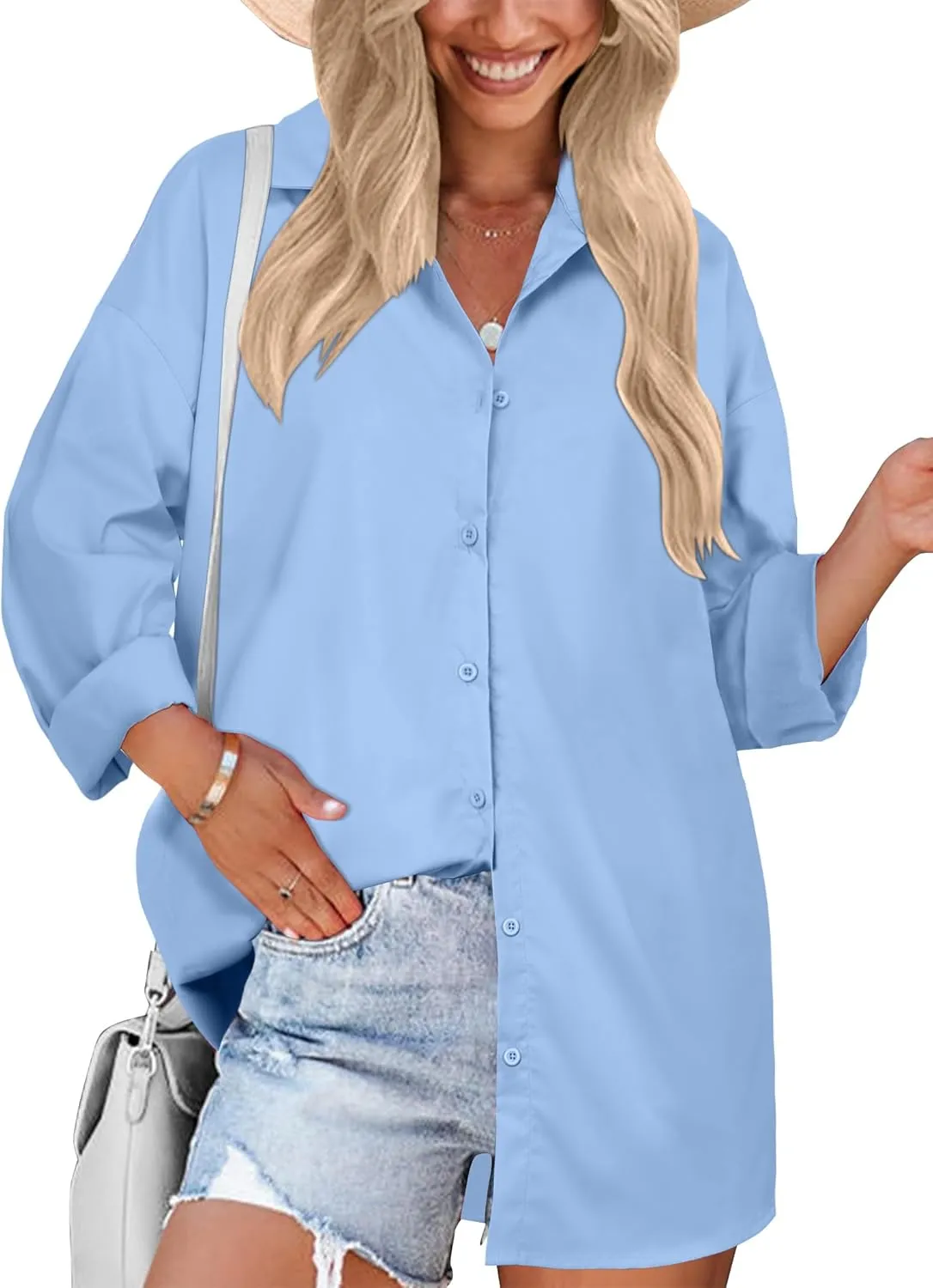 HOTOUCH Women Oversized Button Down Shirts Boyfriend Long Sleeve Blouse Collared Tops