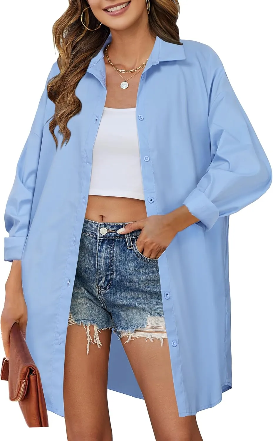 HOTOUCH Women Oversized Button Down Shirts Boyfriend Long Sleeve Blouse Collared Tops
