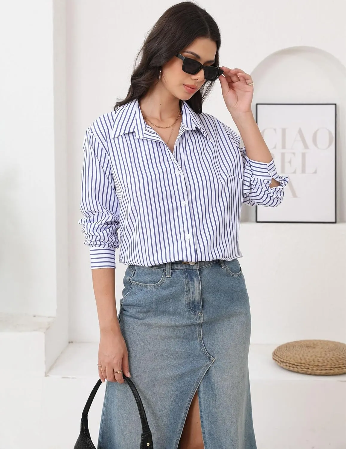 HOTOUCH Womens Striped Button Down Shirts Collared Shirt Casual Long Sleeve Business Office Work Blouses Tops