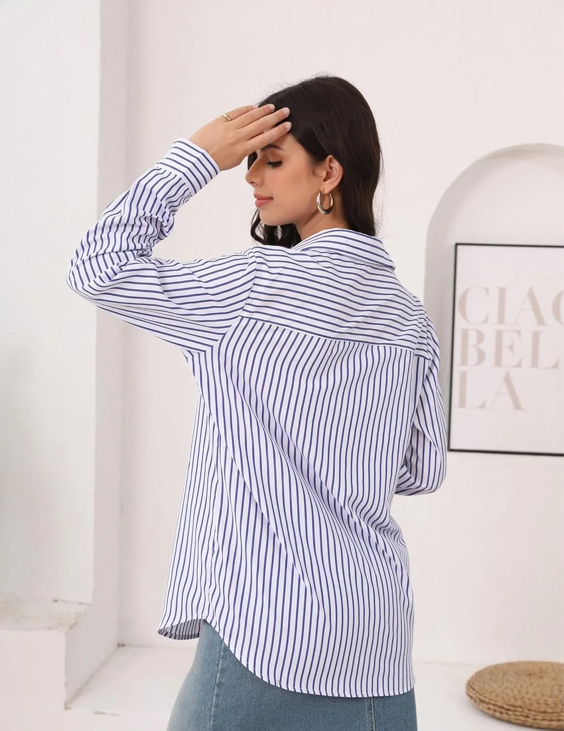 HOTOUCH Womens Striped Button Down Shirts Collared Shirt Casual Long Sleeve Business Office Work Blouses Tops