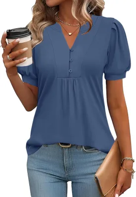 IECCP Womens Tops Puff Short Sleeve Shirts Dressy Casual Henley V-Neck Summer Tops Pleated T-Shirts Loose Fit Tunic Blouses