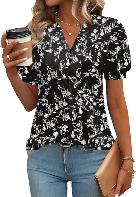 IECCP Womens Tops Puff Short Sleeve Shirts Dressy Casual Henley V-Neck Summer Tops Pleated T-Shirts Loose Fit Tunic Blouses