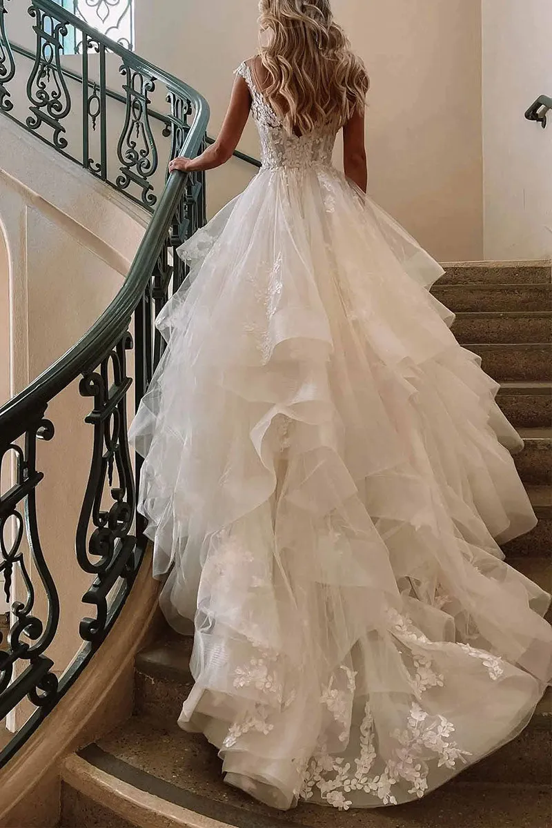 K1195 - V-Neck Lace Appliqued Tulle Ball Wedding Dress With Sweep Train
