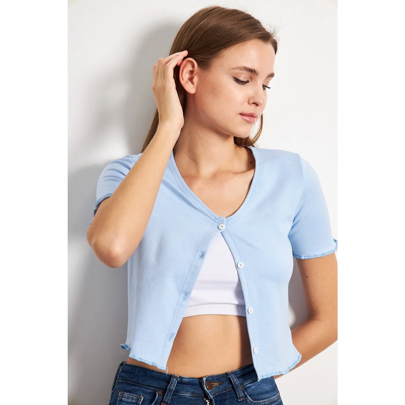 Light Blue Button Down Crop Top