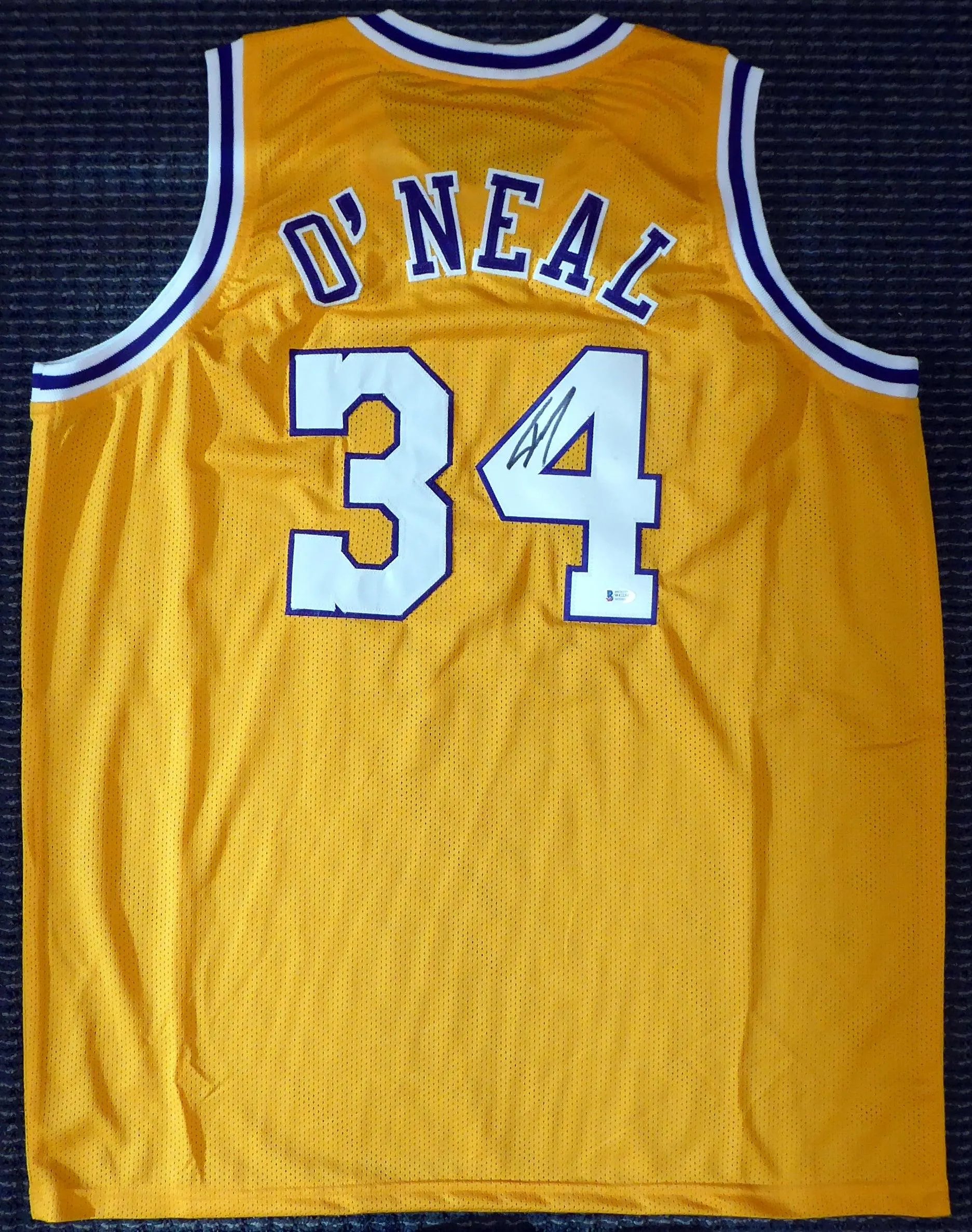 Los Angeles Lakers Shaquille O'Neal Autographed Yellow Jersey On 4 Beckett BAS Stock #191013