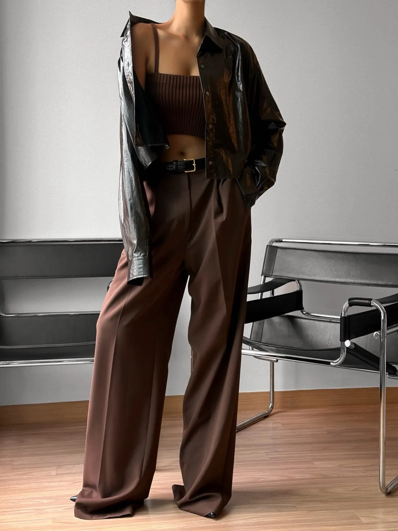 METALLIC FOIL CROPPED BUTTON DOWN SHIRT
