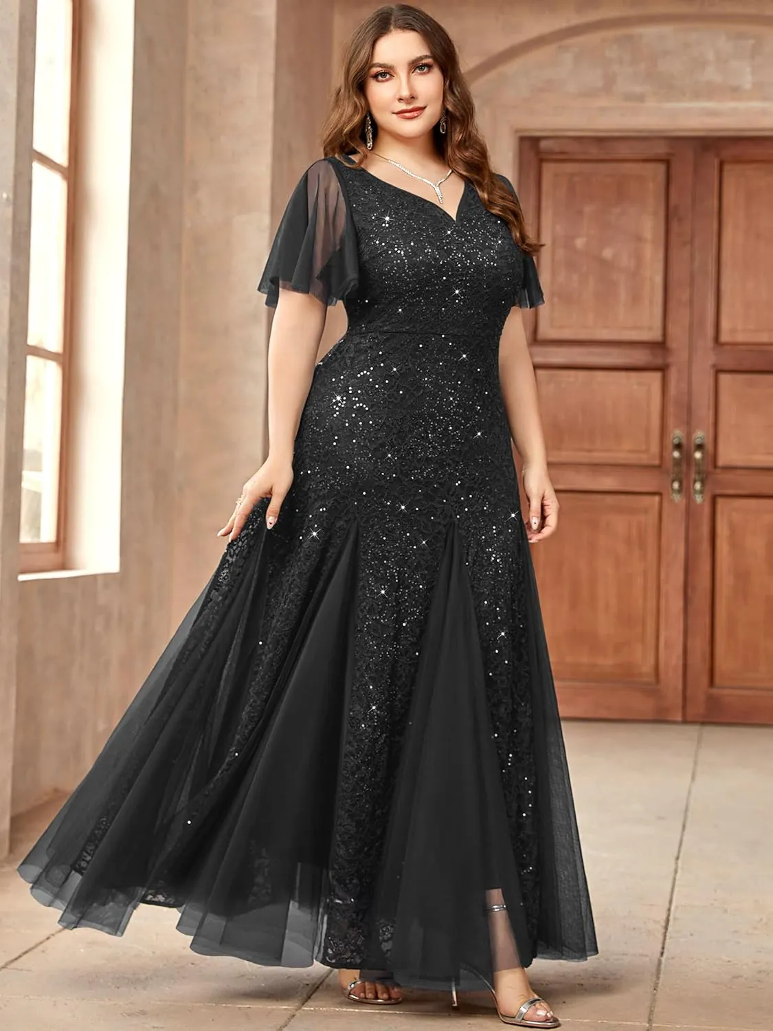 Miusol Women's Plus Size Sequins Lace Tulle Mermaid Hemline Sweetheart V Neck Formal Evening Party Maxi Dress