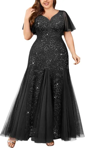 Miusol Women's Plus Size Sequins Lace Tulle Mermaid Hemline Sweetheart V Neck Formal Evening Party Maxi Dress