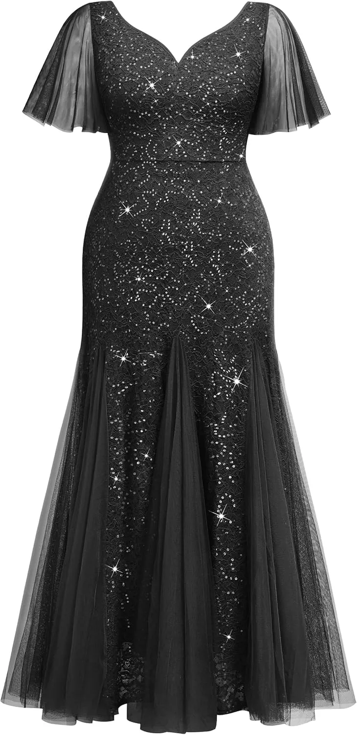 Miusol Women's Plus Size Sequins Lace Tulle Mermaid Hemline Sweetheart V Neck Formal Evening Party Maxi Dress