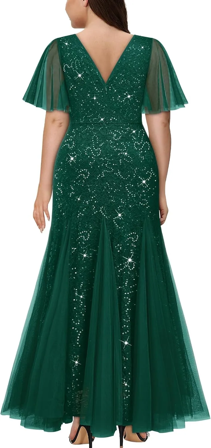 Miusol Women's Plus Size Sequins Lace Tulle Mermaid Hemline Sweetheart V Neck Formal Evening Party Maxi Dress