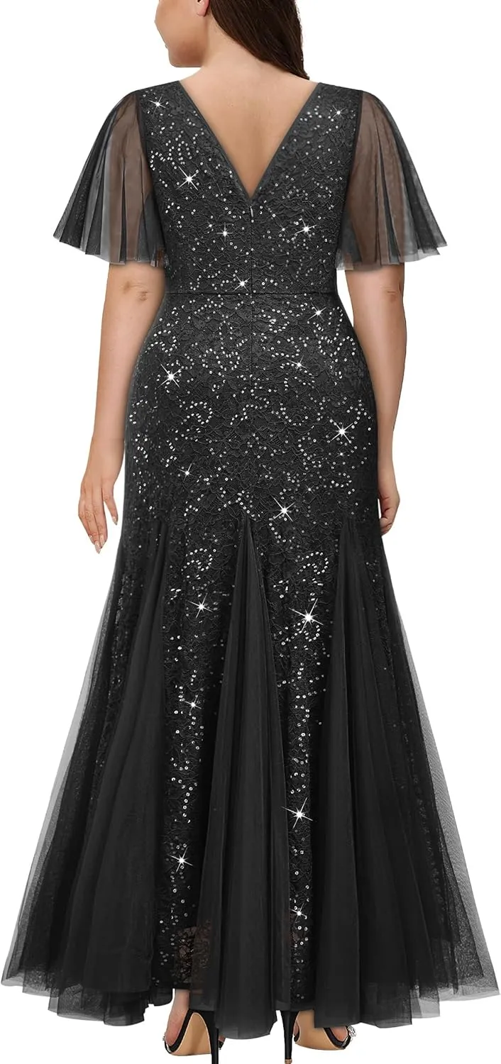 Miusol Women's Plus Size Sequins Lace Tulle Mermaid Hemline Sweetheart V Neck Formal Evening Party Maxi Dress