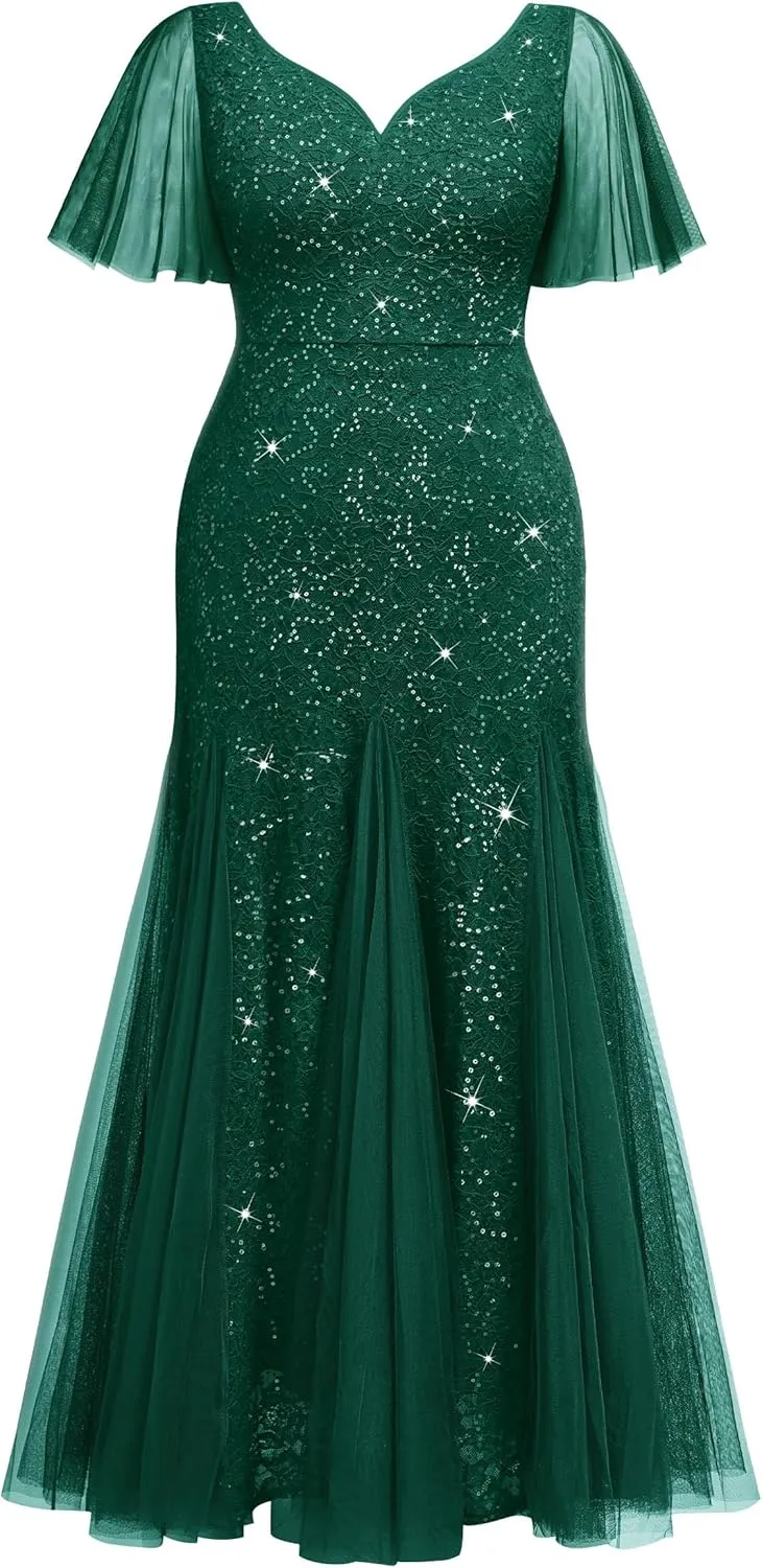 Miusol Women's Plus Size Sequins Lace Tulle Mermaid Hemline Sweetheart V Neck Formal Evening Party Maxi Dress