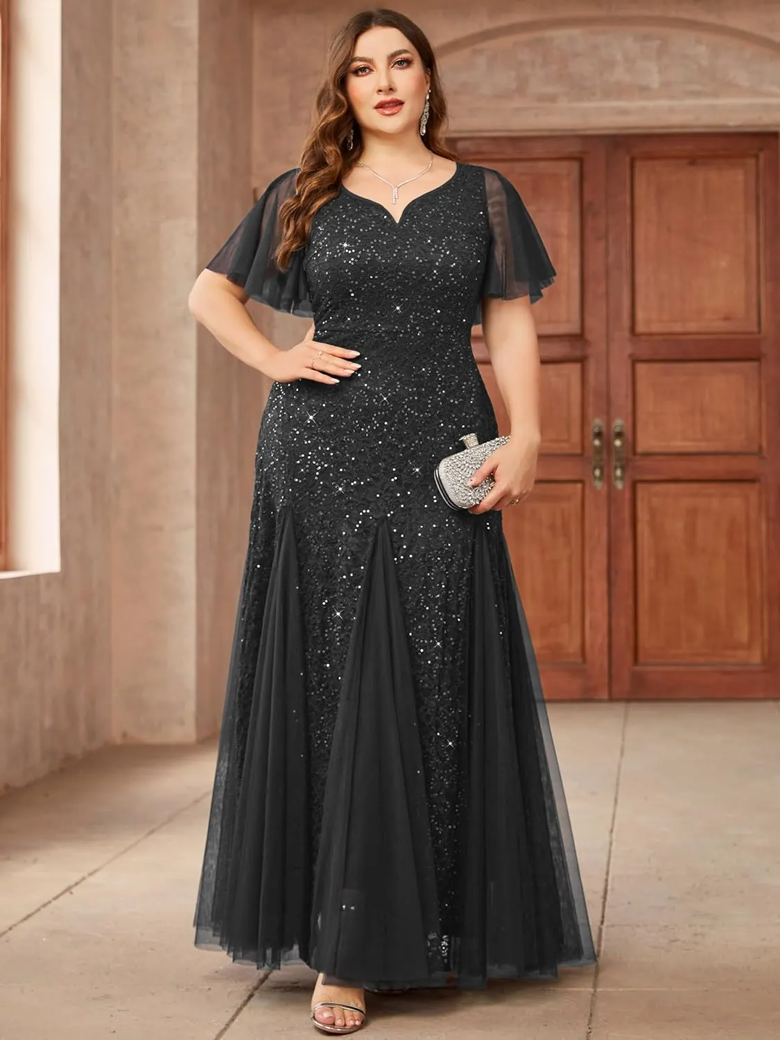 Miusol Women's Plus Size Sequins Lace Tulle Mermaid Hemline Sweetheart V Neck Formal Evening Party Maxi Dress