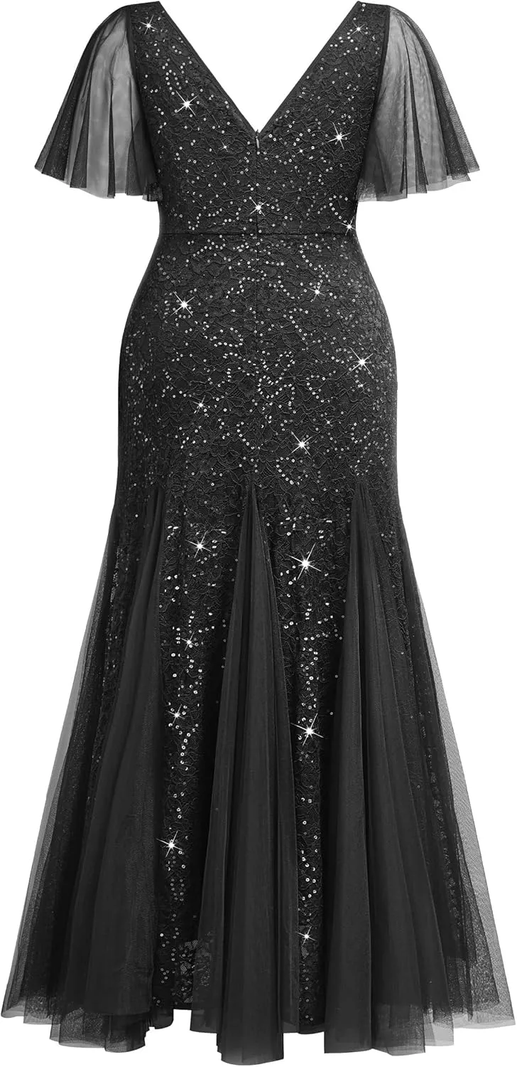 Miusol Women's Plus Size Sequins Lace Tulle Mermaid Hemline Sweetheart V Neck Formal Evening Party Maxi Dress