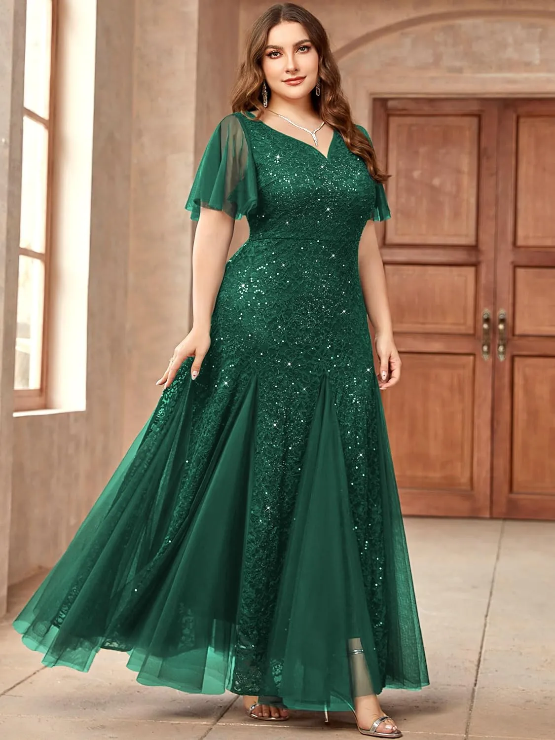 Miusol Women's Plus Size Sequins Lace Tulle Mermaid Hemline Sweetheart V Neck Formal Evening Party Maxi Dress