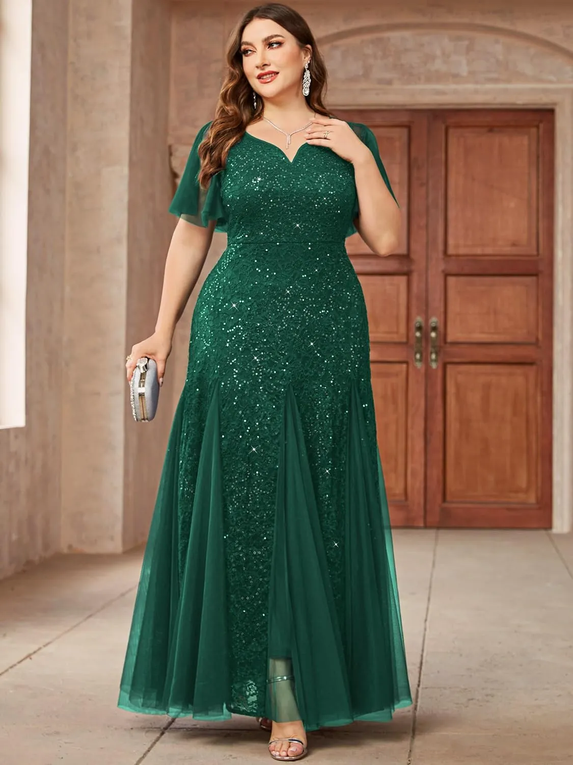 Miusol Women's Plus Size Sequins Lace Tulle Mermaid Hemline Sweetheart V Neck Formal Evening Party Maxi Dress
