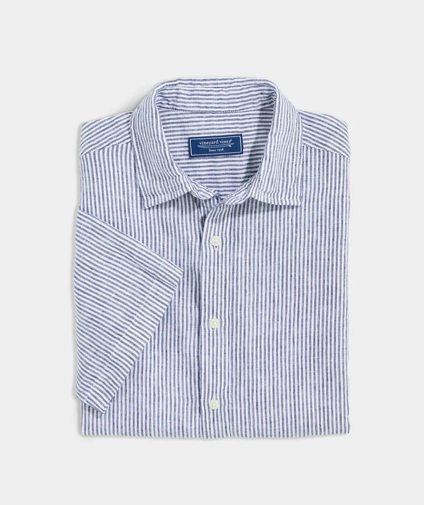 Nautical Navy Linen Short-Sleeve Stripe Shirt