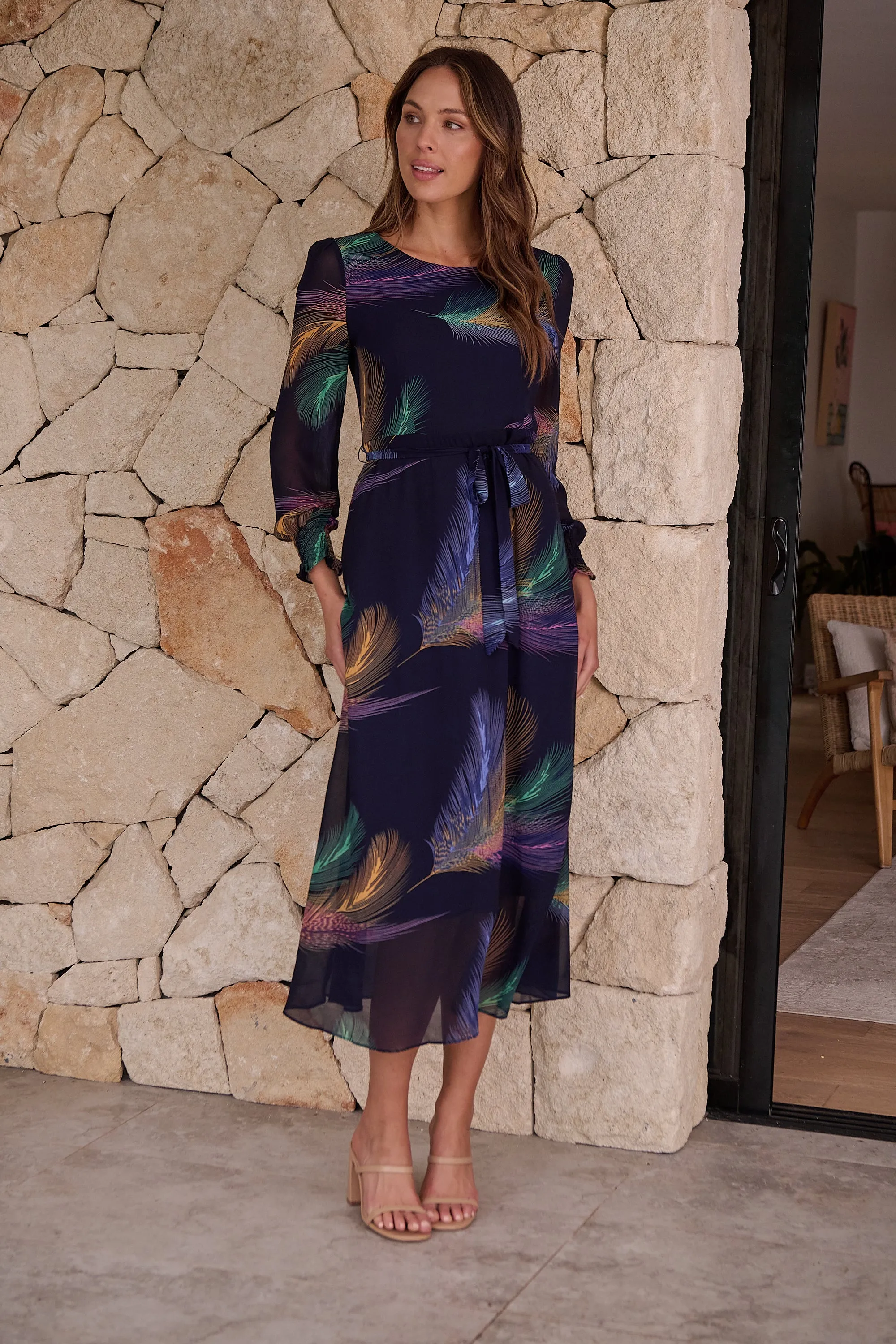 Navy Feather Print Chiffon Dress