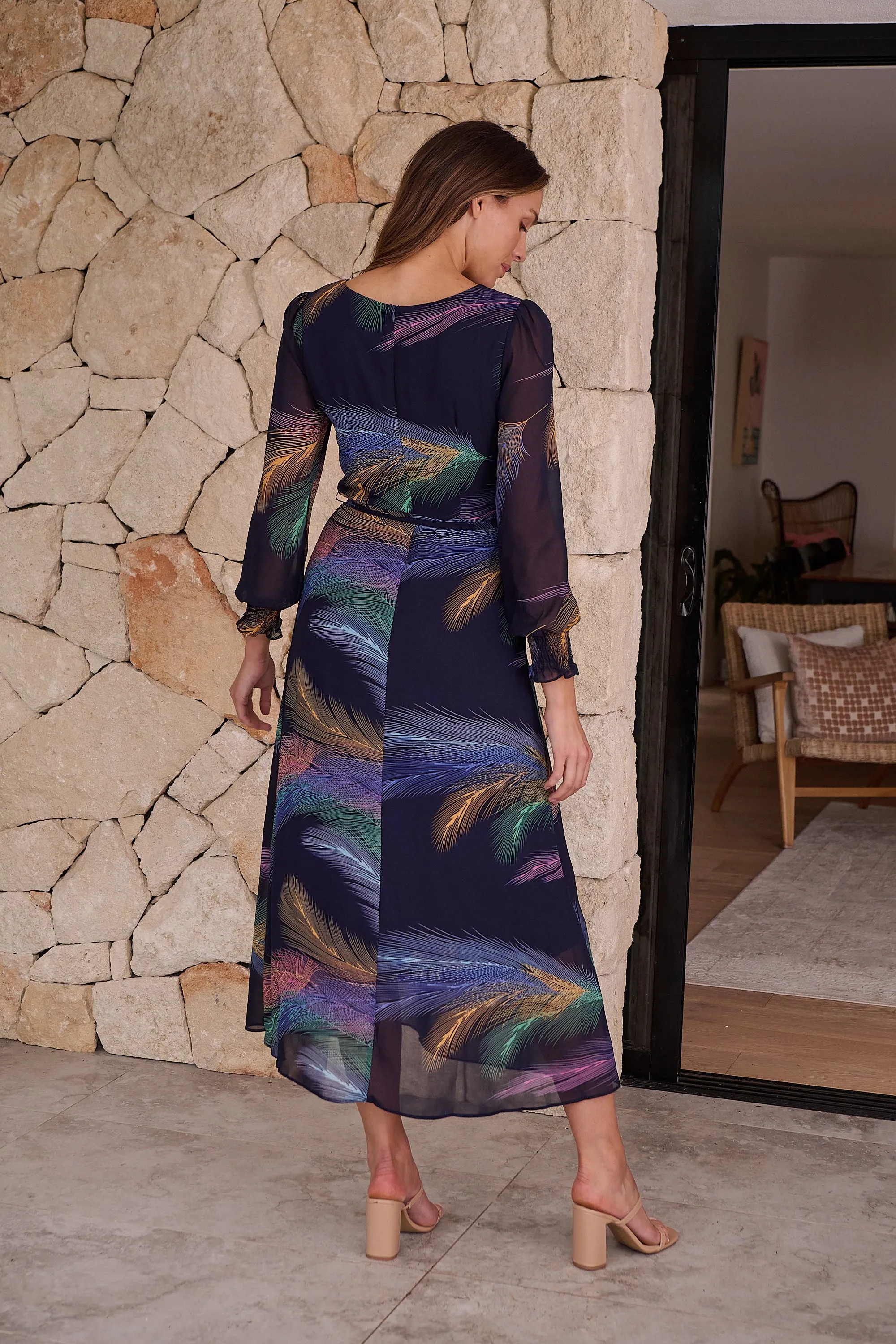 Navy Feather Print Chiffon Dress