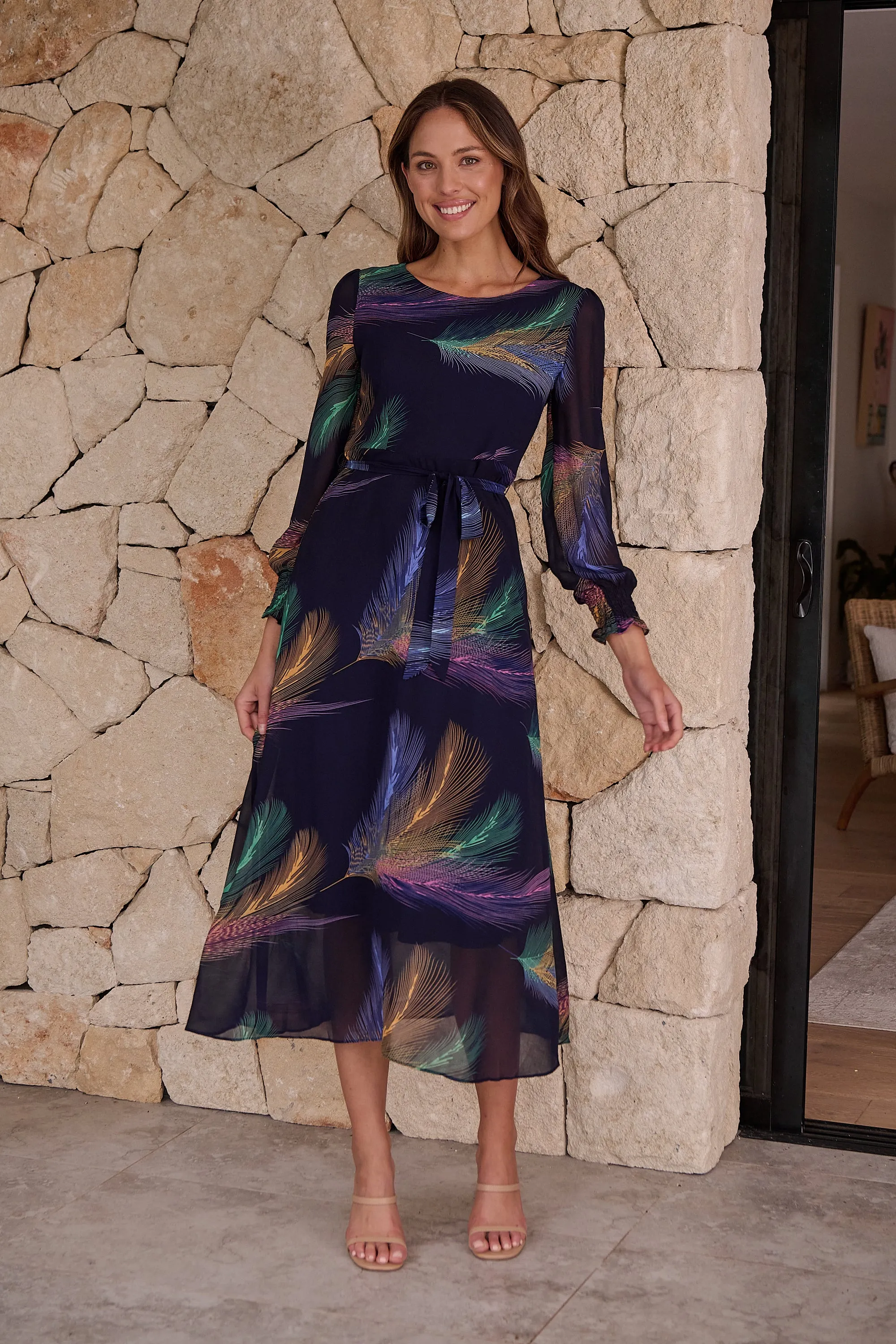 Navy Feather Print Chiffon Dress