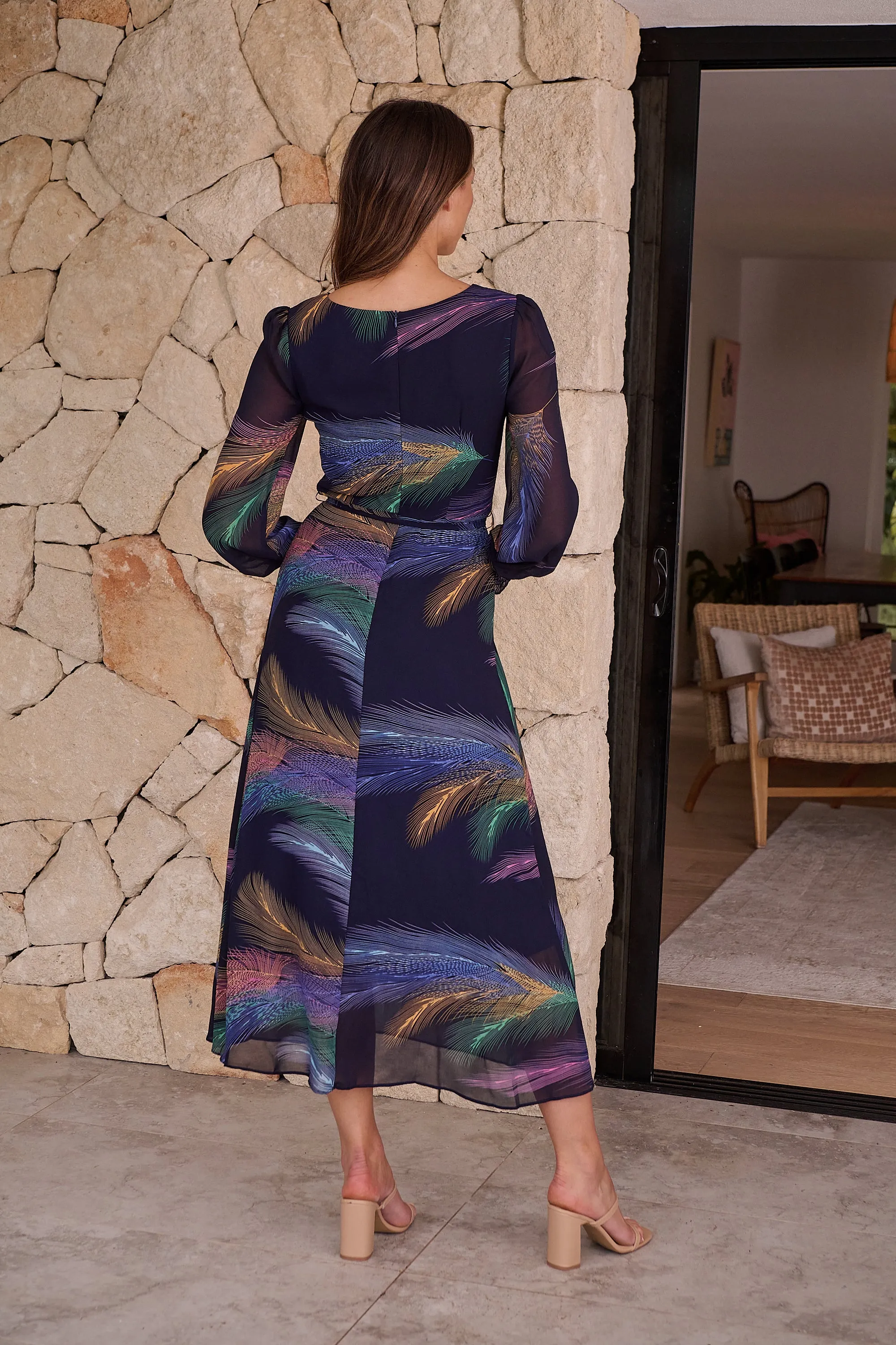 Navy Feather Print Chiffon Dress