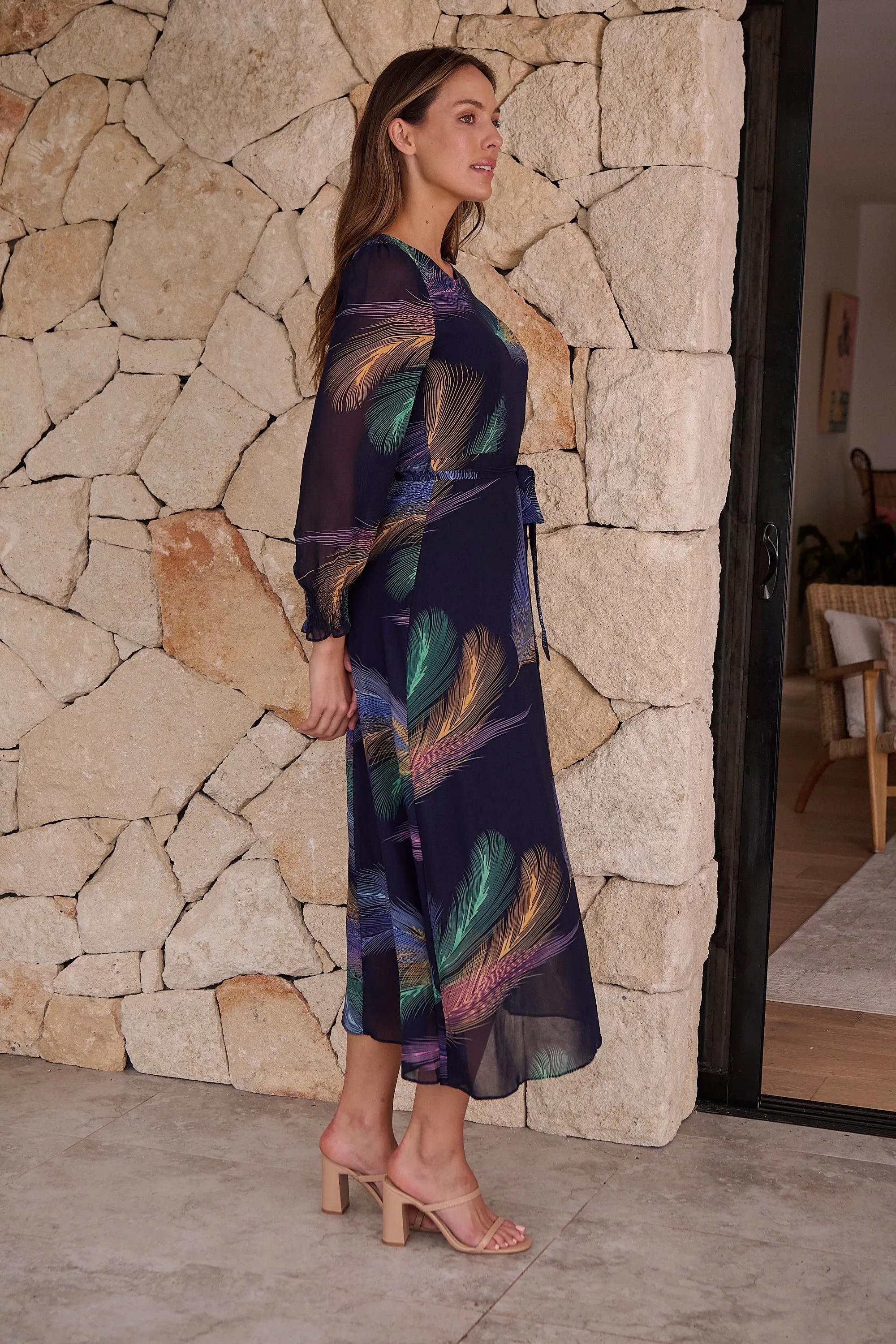 Navy Feather Print Chiffon Dress