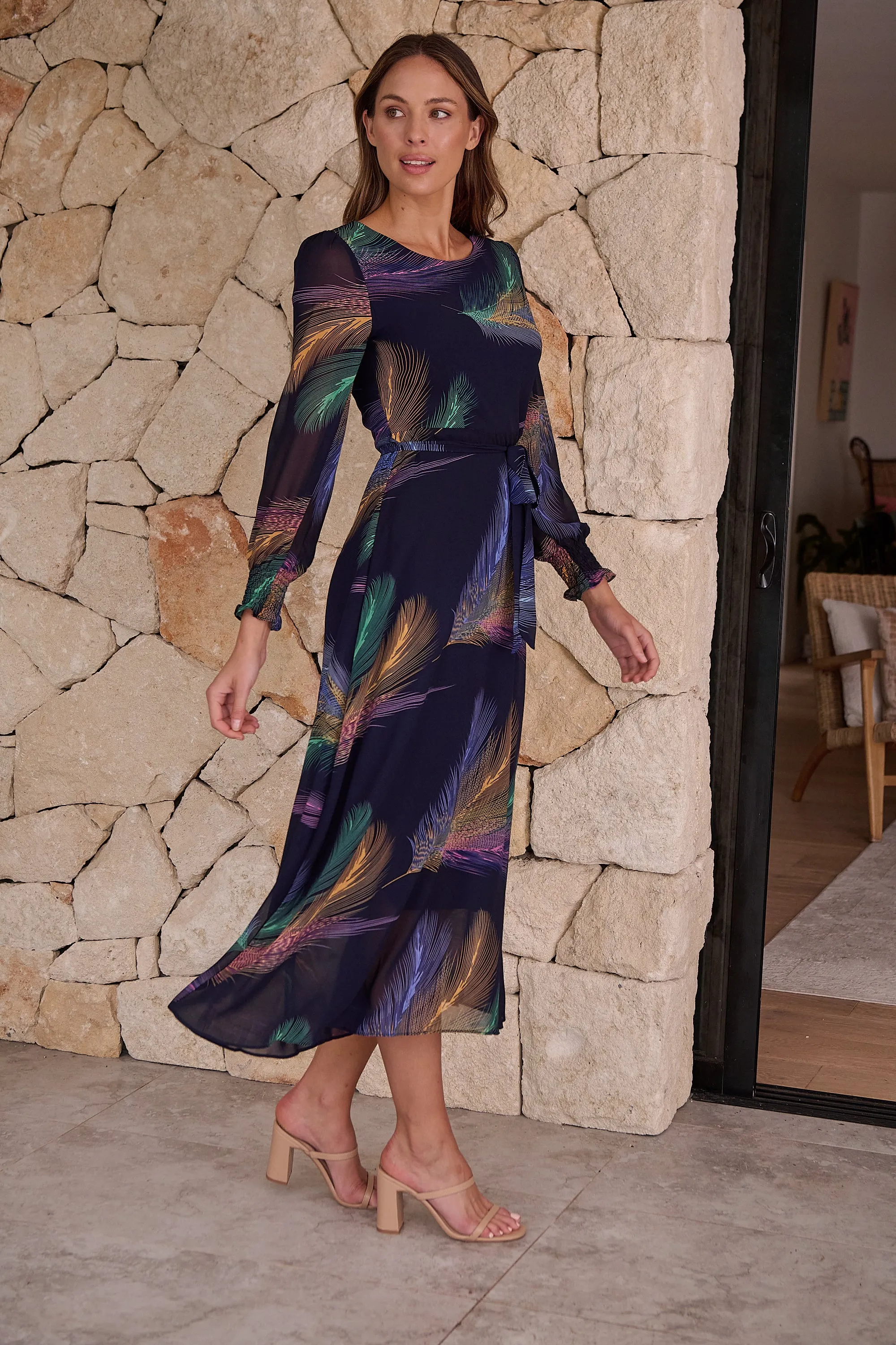 Navy Feather Print Chiffon Dress
