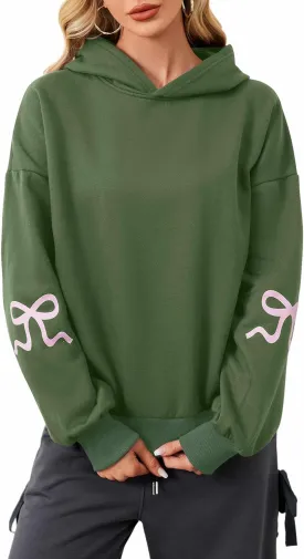 OLAPTA Women Oversized Bow Trim Print Hoodies Long Sleeve Fleeced Casual Graphic Pullover Trendy Fall Hooded Sweatshirts Top