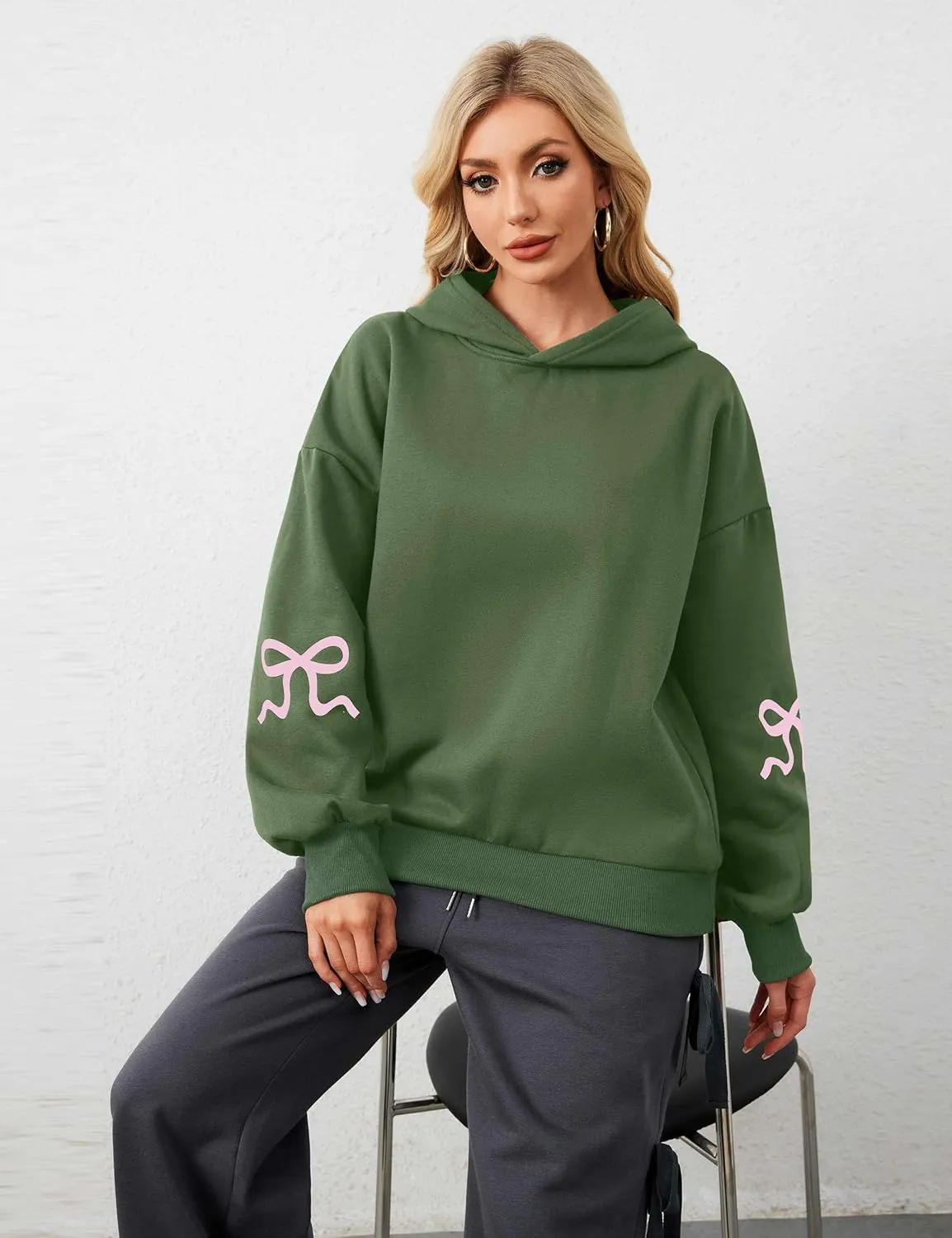 OLAPTA Women Oversized Bow Trim Print Hoodies Long Sleeve Fleeced Casual Graphic Pullover Trendy Fall Hooded Sweatshirts Top