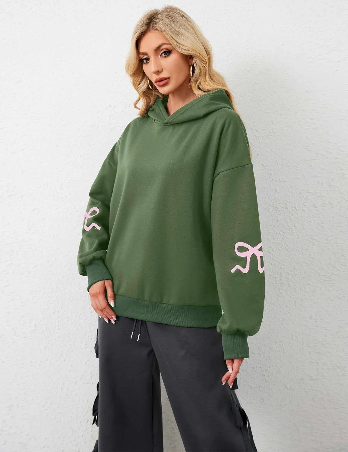 OLAPTA Women Oversized Bow Trim Print Hoodies Long Sleeve Fleeced Casual Graphic Pullover Trendy Fall Hooded Sweatshirts Top