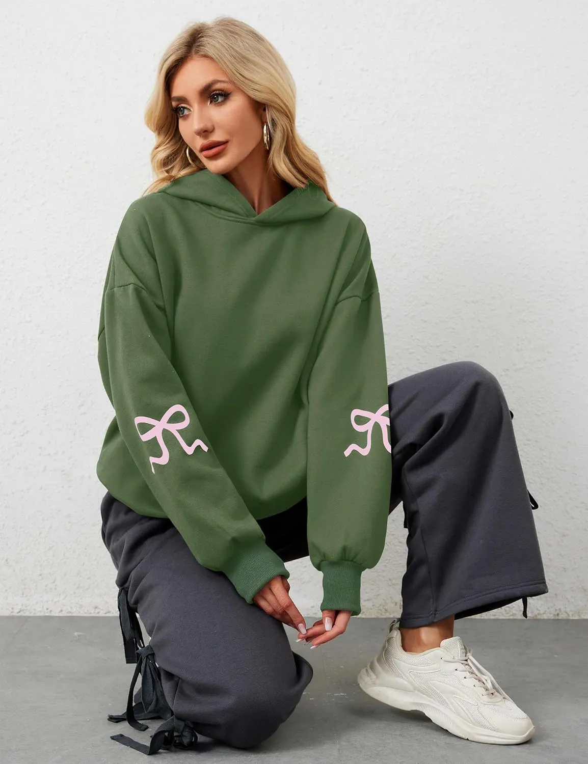 OLAPTA Women Oversized Bow Trim Print Hoodies Long Sleeve Fleeced Casual Graphic Pullover Trendy Fall Hooded Sweatshirts Top