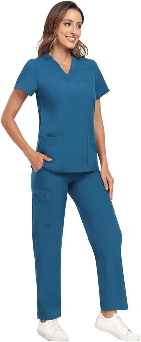 Scrubs for Women Sets, Stretch V-Neck Scrub Top & Cargo Pants with Multi Pockets, Anti-Wrinkle