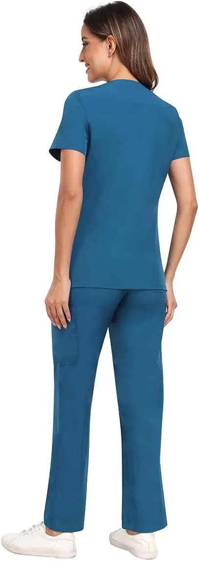 Scrubs for Women Sets, Stretch V-Neck Scrub Top & Cargo Pants with Multi Pockets, Anti-Wrinkle