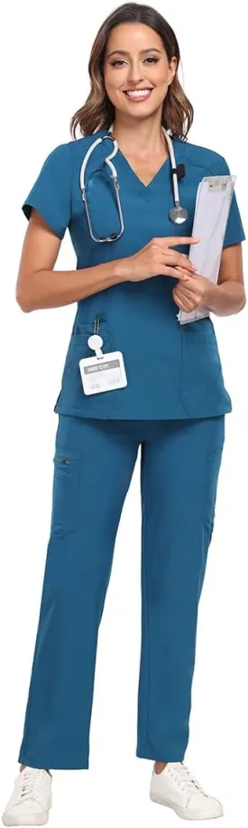 Scrubs for Women Sets, Stretch V-Neck Scrub Top & Cargo Pants with Multi Pockets, Anti-Wrinkle