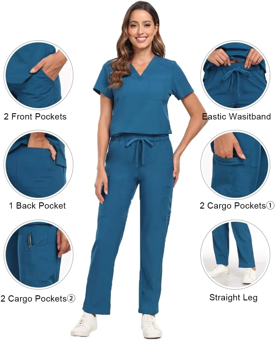 Scrubs for Women Sets, Stretch V-Neck Scrub Top & Cargo Pants with Multi Pockets, Anti-Wrinkle