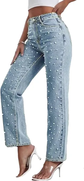 Sexyshine Women's Pearl Jeans High Waist Straight Wide Leg Stretchy Denim Pants