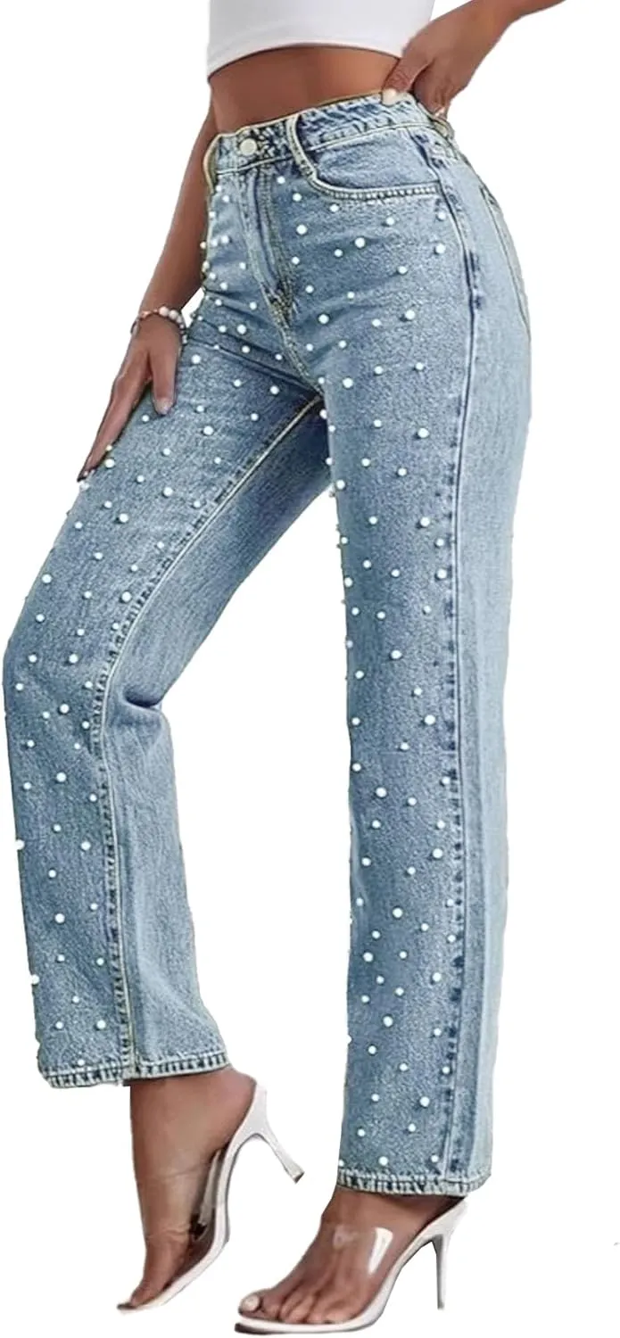 Sexyshine Women's Pearl Jeans High Waist Straight Wide Leg Stretchy Denim Pants