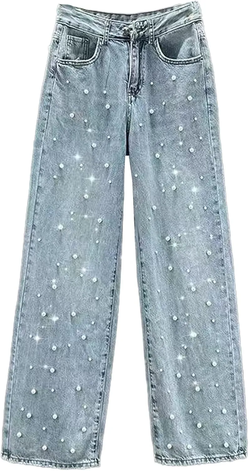 Sexyshine Women's Pearl Jeans High Waist Straight Wide Leg Stretchy Denim Pants
