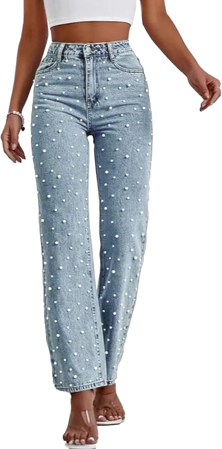 Sexyshine Women's Pearl Jeans High Waist Straight Wide Leg Stretchy Denim Pants