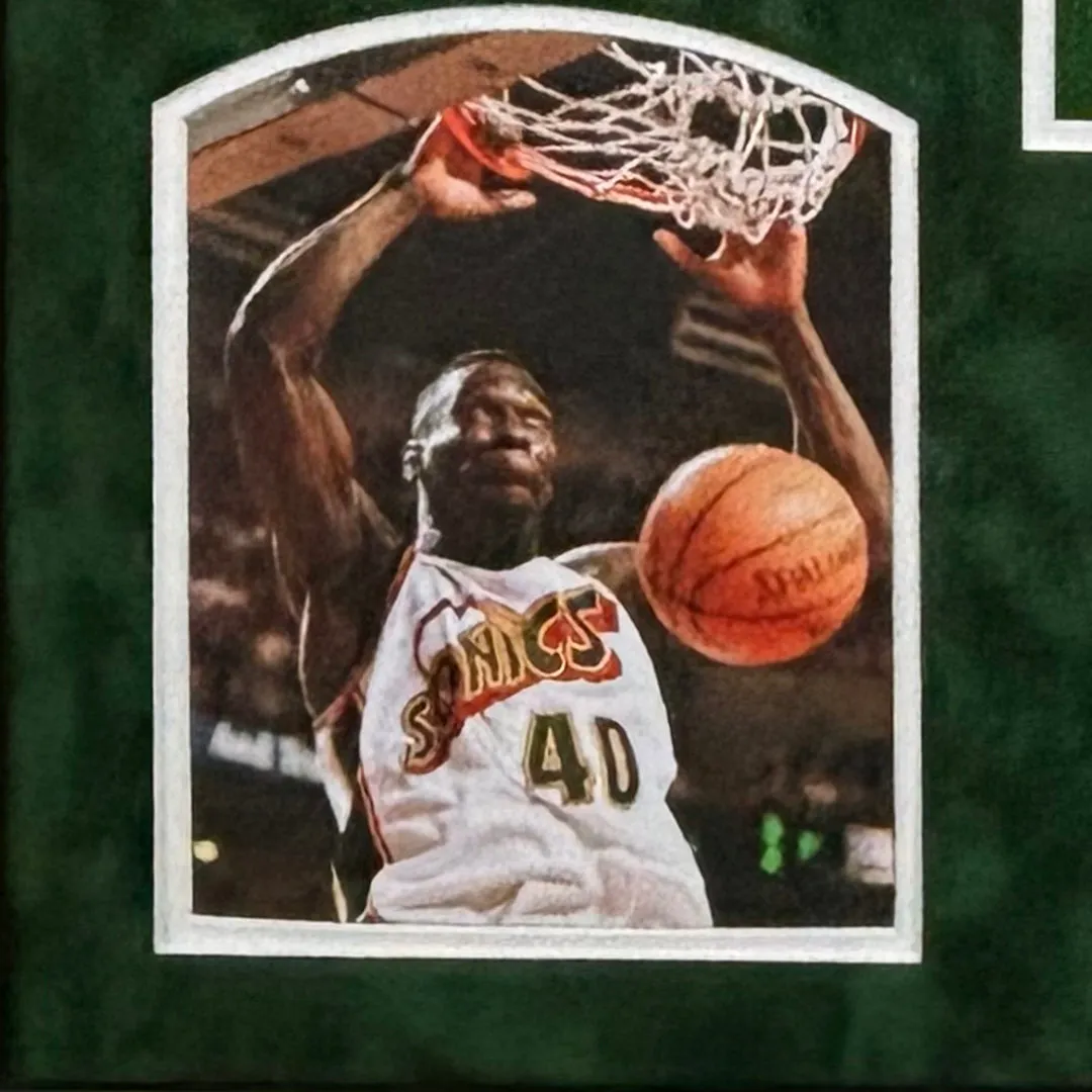 Shawn Kemp Signed Seattle Green Custom Suede Matte Framed Basketball Jersey (JSA)