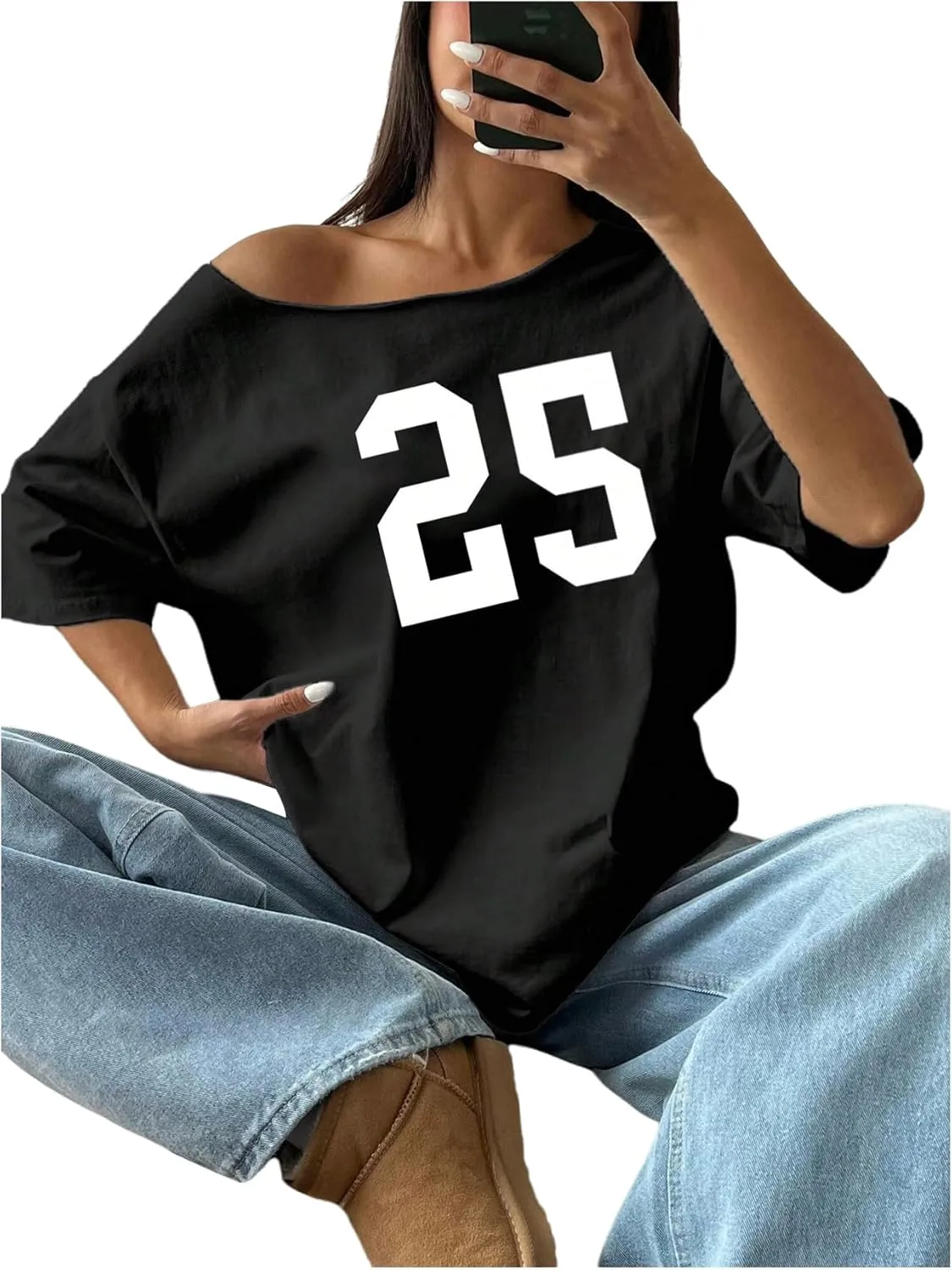 SOLY HUX Women's Jersey Shirts Oversized Grunge Graphic Tees Off The Shoulder Y2k Streetwear Short Sleeve Summer Tops