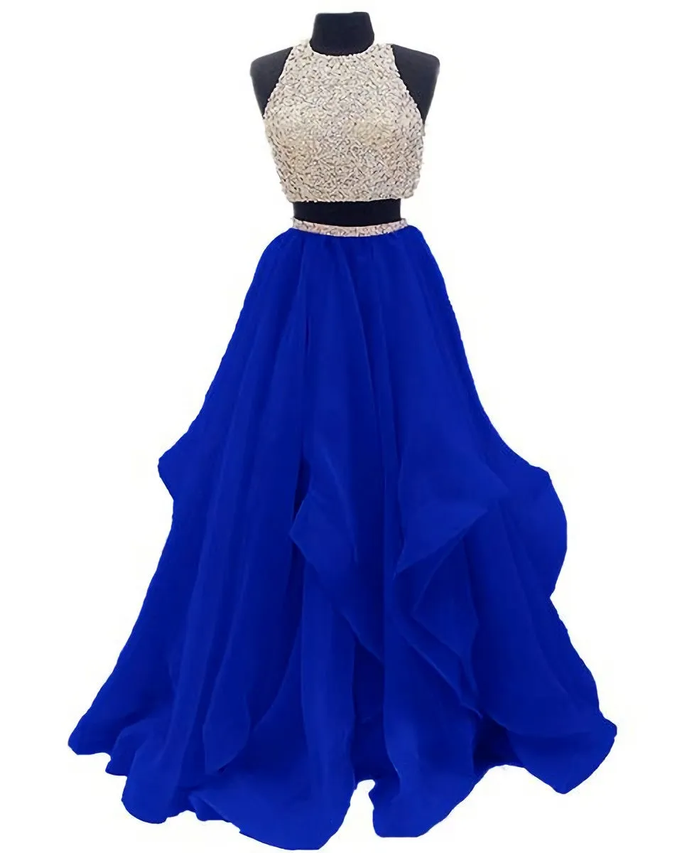 Two Piece High Neck Burgundy Prom Dress Beaded Open Back Evening Gowns
