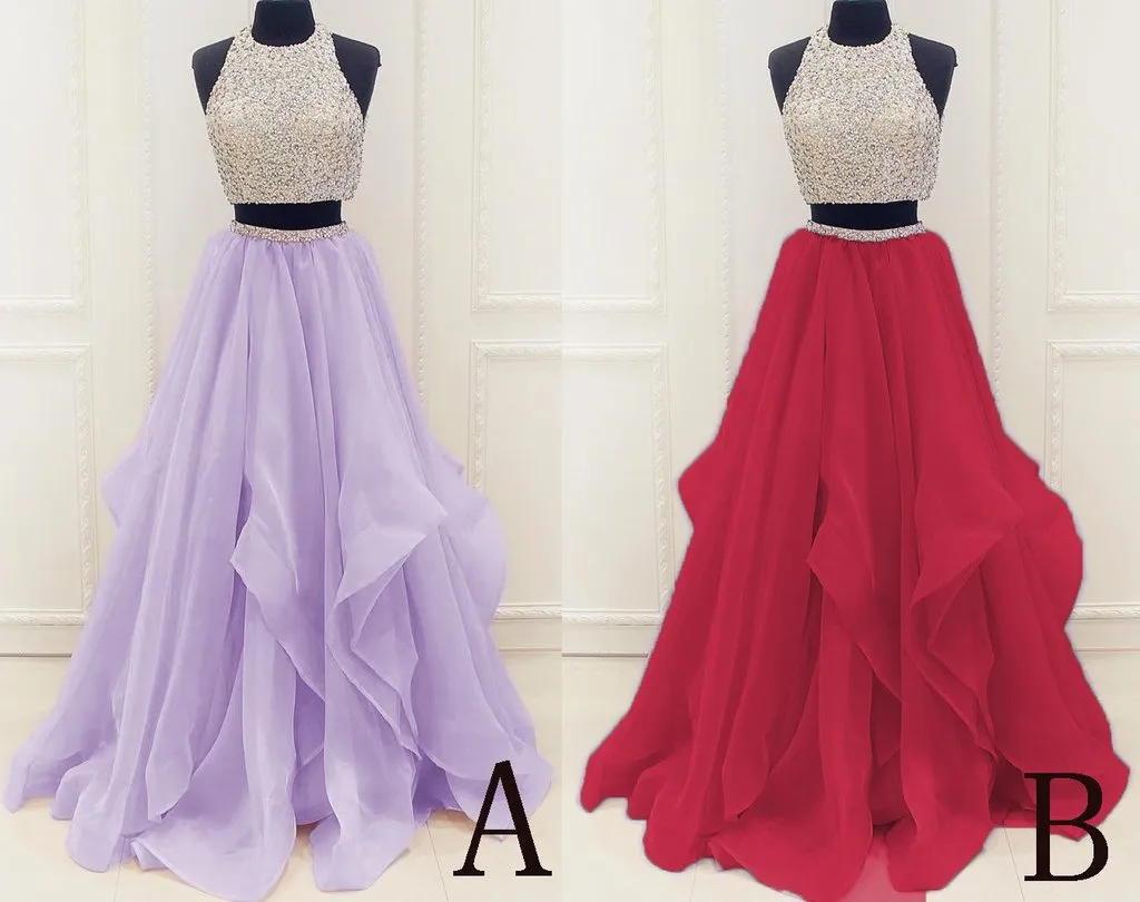 Two Piece High Neck Burgundy Prom Dress Beaded Open Back Evening Gowns