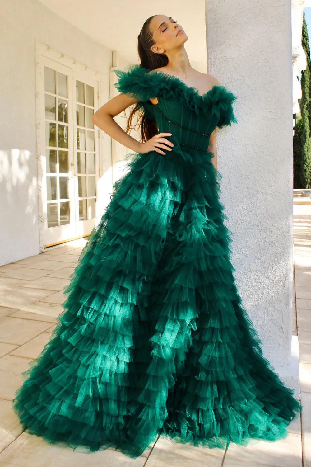 Venice Pleated Tulle Ballgown Prom Dress 6201032IIR-Emerald Andrea & Leo A1032
